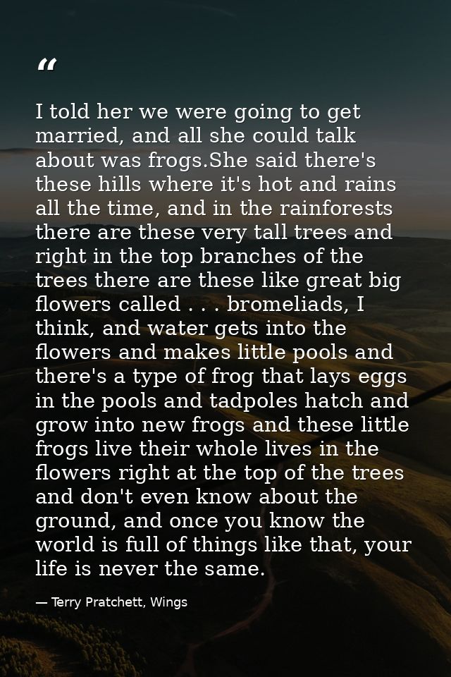 I told her we were going to get married, and all she could talk about was frogs.She said there's these hills where it's  — Terry Pratchett, Wings