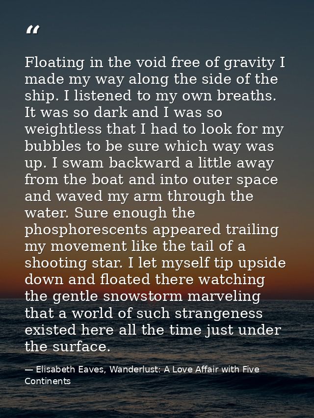 Floating in the void free of gravity I made my way along the side of the ship. I listened to my own breaths. It was so d — Elisabeth Eaves, Wanderlust: A Love Affair with Five Continents