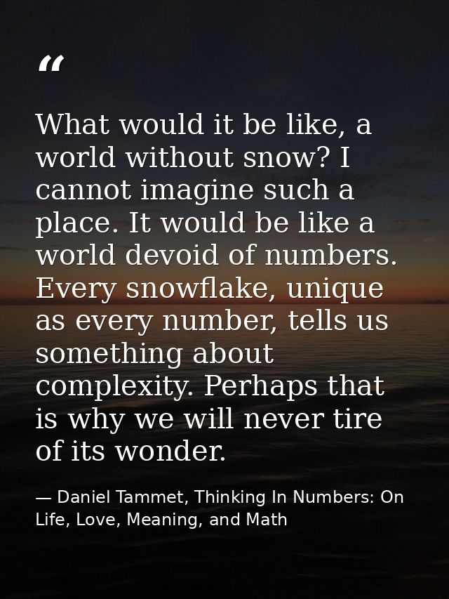 What would it be like, a world without snow? I cannot imagine such a place. It would be like a world devoid of numbers.  — Daniel Tammet, Thinking In Numbers: On Life, Love, Meaning, and Math