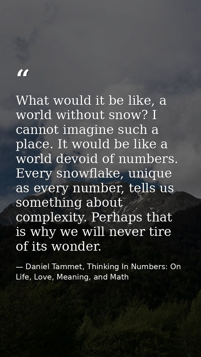 What would it be like, a world without snow? I cannot imagine such a place. It would be like a world devoid of numbers.  — Daniel Tammet, Thinking In Numbers: On Life, Love, Meaning, and Math