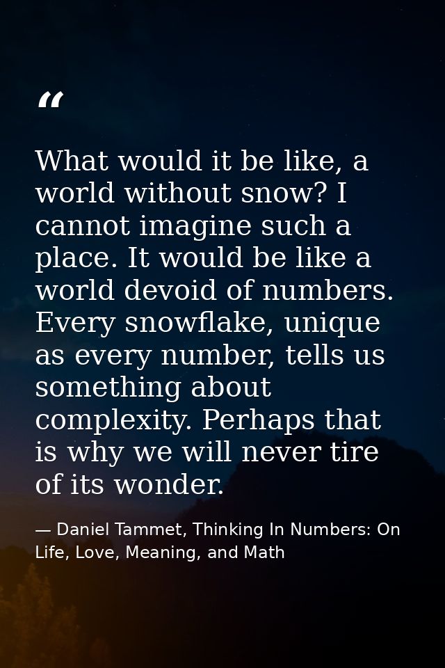 What would it be like, a world without snow? I cannot imagine such a place. It would be like a world devoid of numbers.  — Daniel Tammet, Thinking In Numbers: On Life, Love, Meaning, and Math