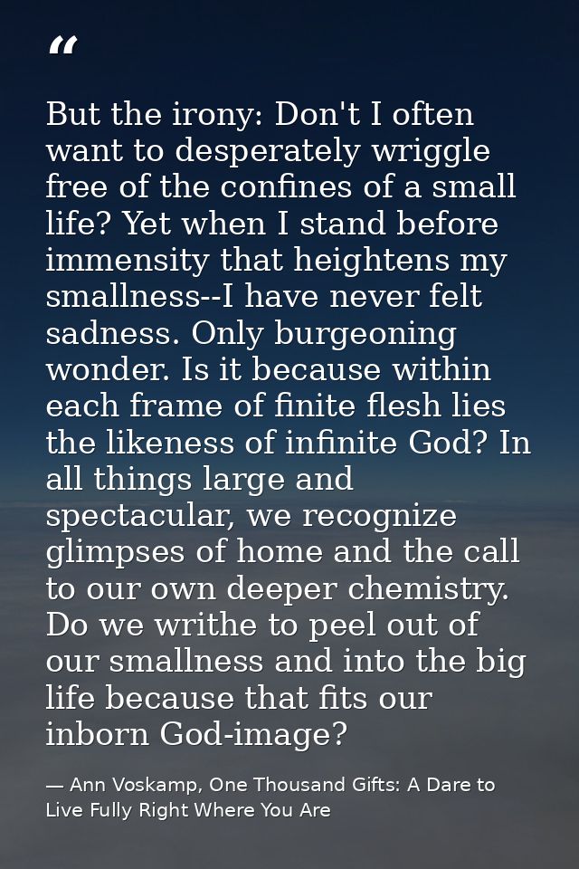 But the irony: Don't I often want to desperately wriggle free of the confines of a small life? Yet when I stand before i — Ann Voskamp, One Thousand Gifts: A Dare to Live Fully Right Where You Are