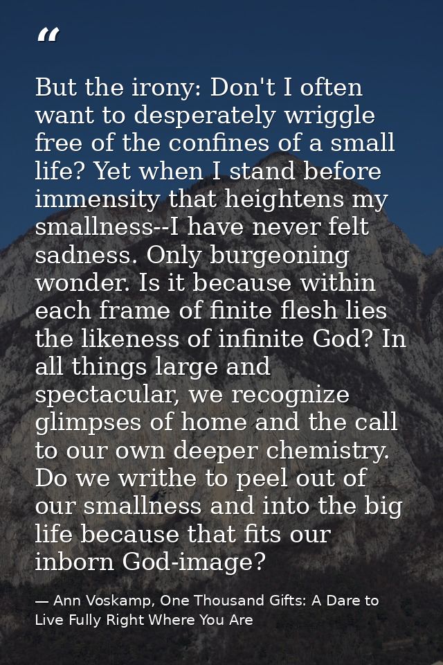 But the irony: Don't I often want to desperately wriggle free of the confines of a small life? Yet when I stand before i — Ann Voskamp, One Thousand Gifts: A Dare to Live Fully Right Where You Are