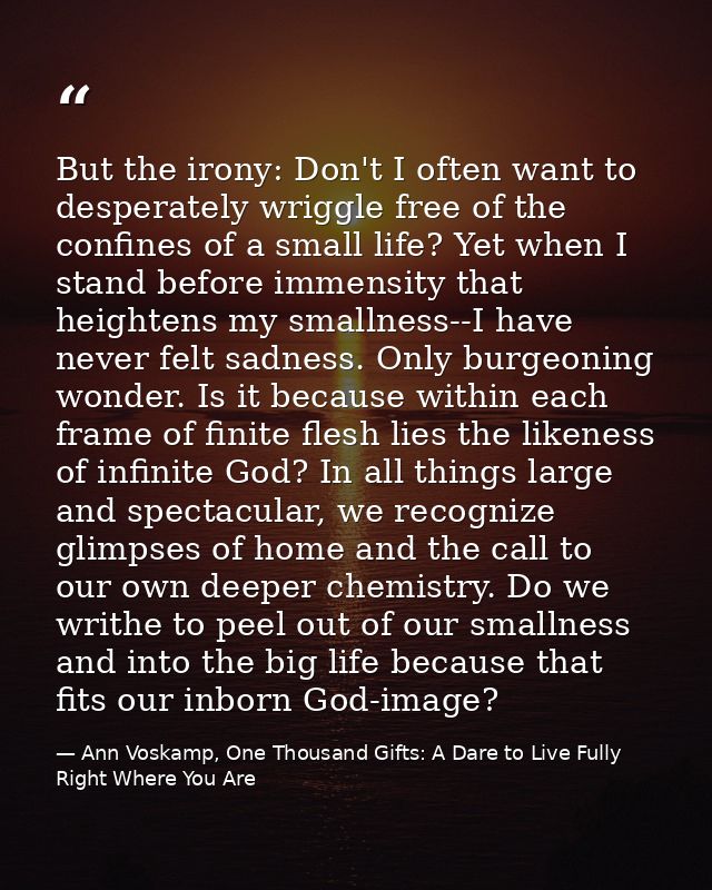 But the irony: Don't I often want to desperately wriggle free of the confines of a small life? Yet when I stand before i — Ann Voskamp, One Thousand Gifts: A Dare to Live Fully Right Where You Are