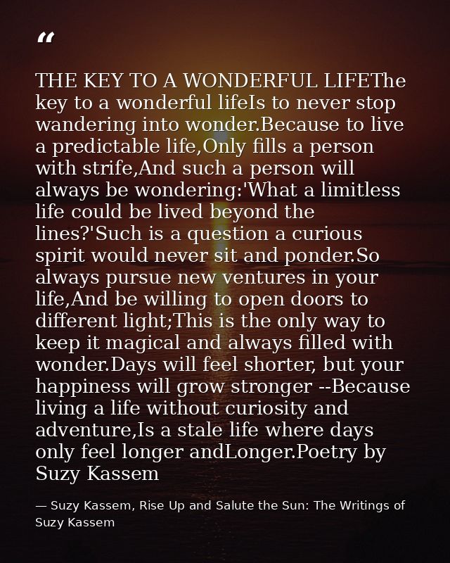 THE KEY TO A WONDERFUL LIFEThe key to a wonderful lifeIs to never stop wandering into wonder.Because to live a predictab — Suzy Kassem, Rise Up and Salute the Sun: The Writings of Suzy Kassem
