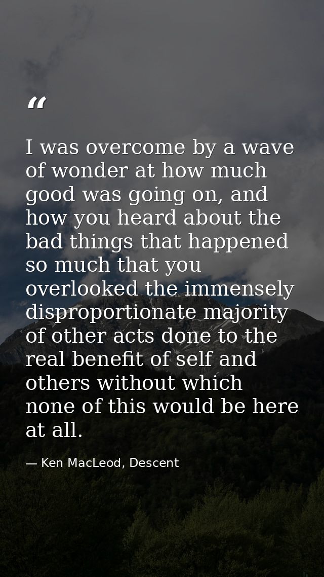 I was overcome by a wave of wonder at how much good was going on, and how you heard about the bad things that happened s — Ken MacLeod, Descent