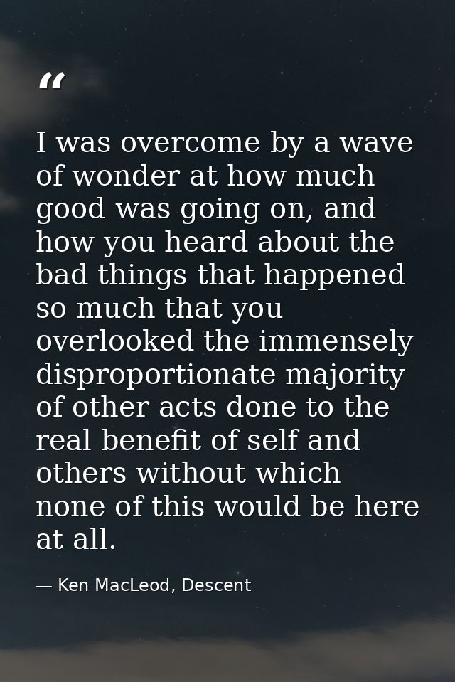 I was overcome by a wave of wonder at how much good was going on, and how you heard about the bad things that happened s — Ken MacLeod, Descent