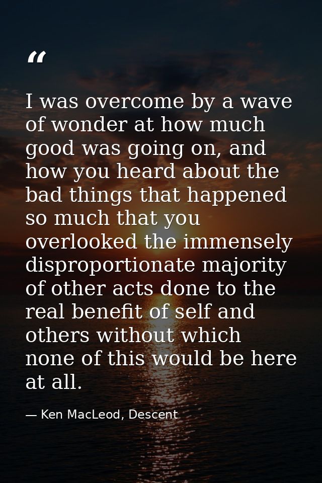I was overcome by a wave of wonder at how much good was going on, and how you heard about the bad things that happened s — Ken MacLeod, Descent