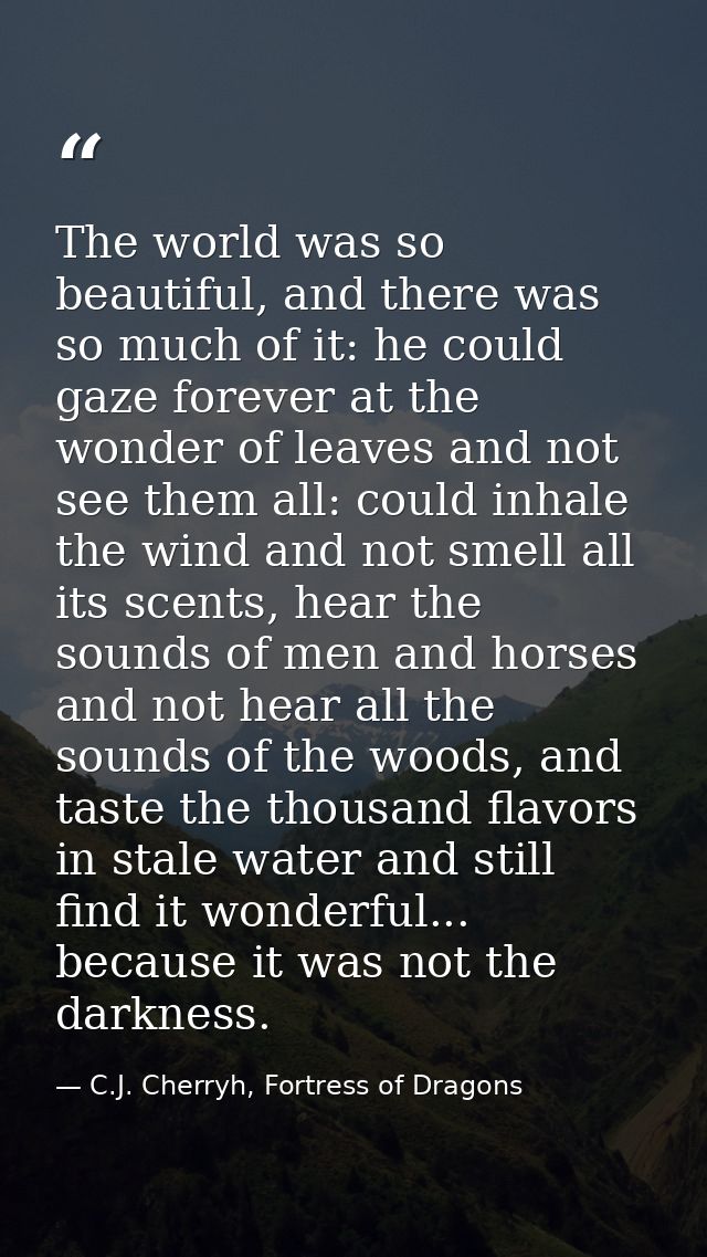 The world was so beautiful, and there was so much of it: he could gaze forever at the wonder of leaves and not see them  — C.J. Cherryh, Fortress of Dragons