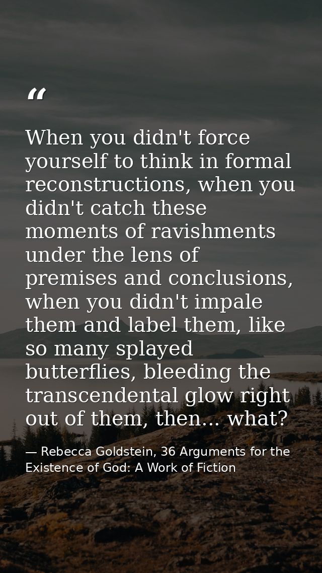 When you didn't force yourself to think in formal reconstructions, when you didn't catch these moments of ravishments un — Rebecca Goldstein, 36 Arguments for the Existence of God: A Work of Fiction