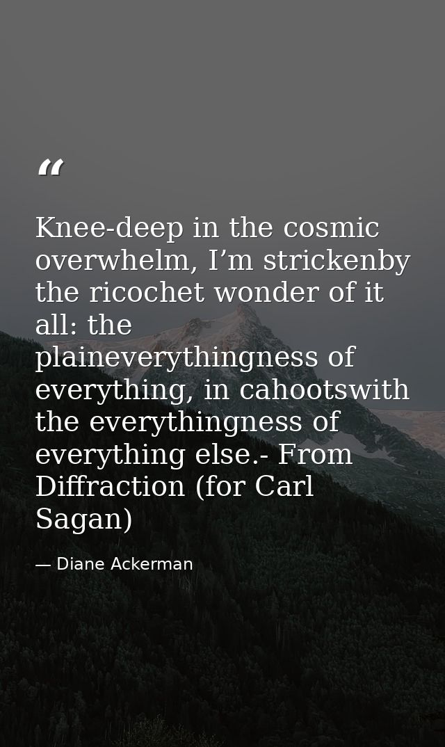 Knee-deep in the cosmic overwhelm, I’m strickenby the ricochet wonder of it all: the plaineverythingness of everything,  — Diane Ackerman