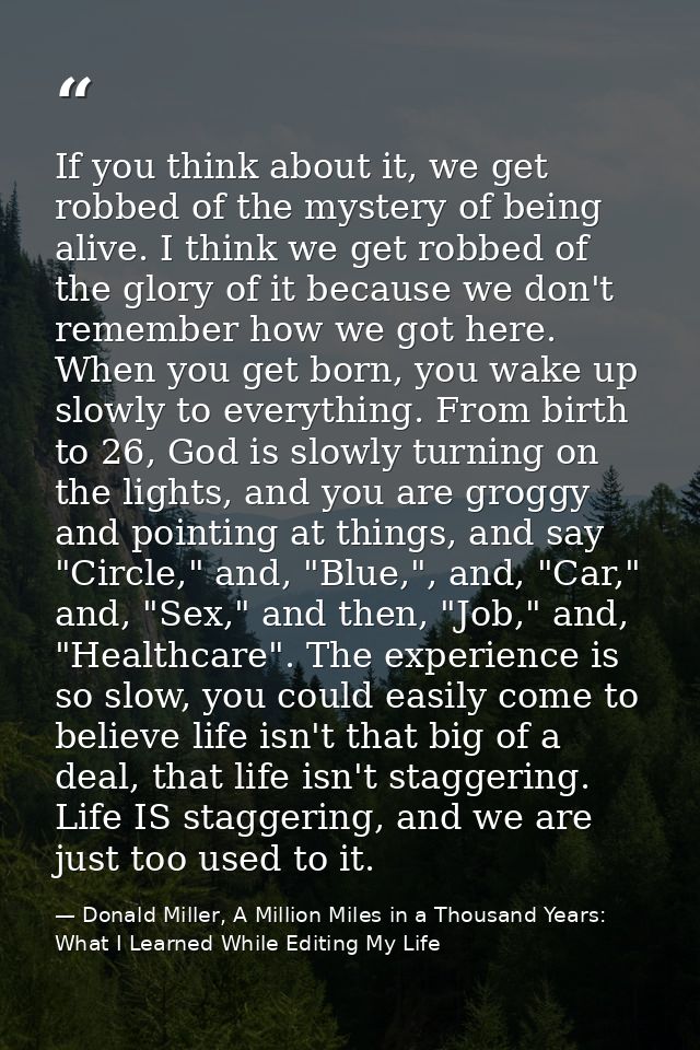 If you think about it, we get robbed of the mystery of being alive. I think we get robbed of the glory of it because we  — Donald Miller, A Million Miles in a Thousand Years: What I Learned While Editing My Life