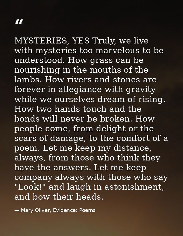 MYSTERIES, YES Truly, we live with mysteries too marvelous to be understood. How grass can be nourishing in the mouths o — Mary Oliver, Evidence: Poems