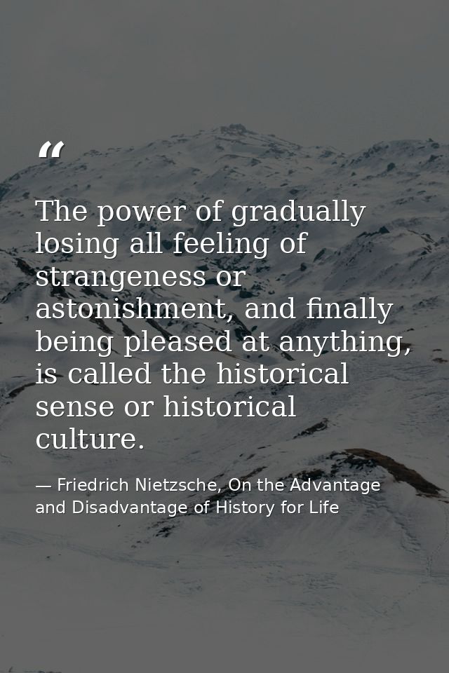 The power of gradually losing all feeling of strangeness or astonishment, and finally being pleased at anything, is call — Friedrich Nietzsche, On the Advantage and Disadvantage of History for Life