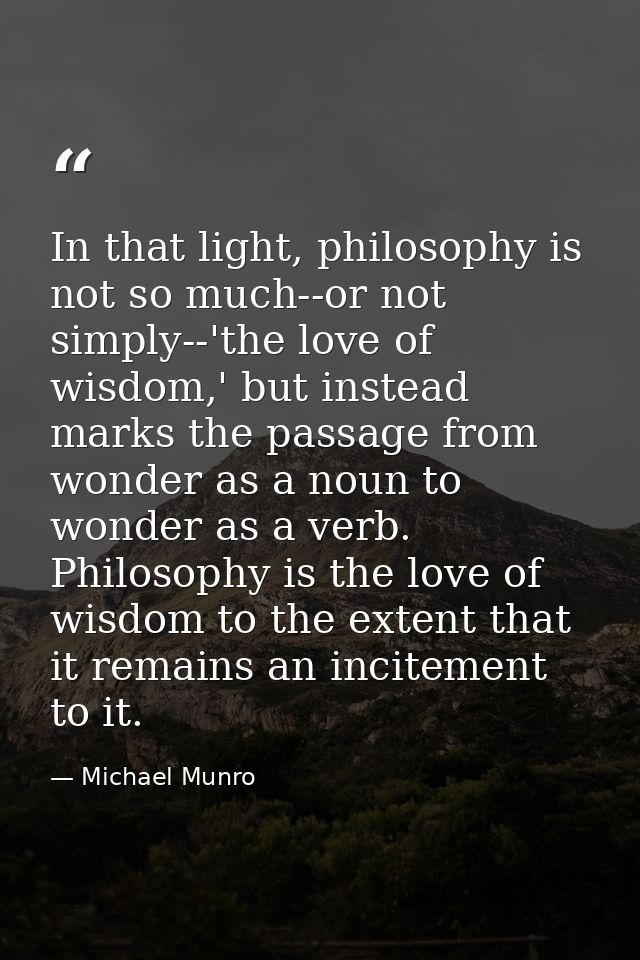 In that light, philosophy is not so much--or not simply--'the love of wisdom,' but instead marks the passage from wonder — Michael Munro