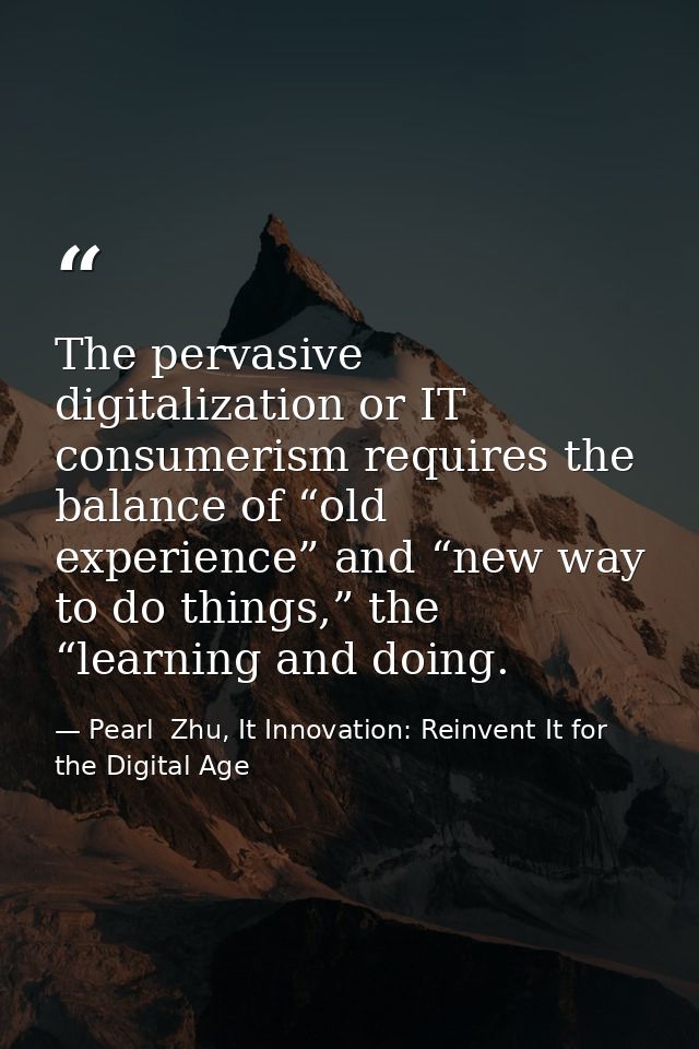 The pervasive digitalization or IT consumerism requires the balance of “old experience” and “new way to do things,” the  — Pearl  Zhu, It Innovation: Reinvent It for the Digital Age