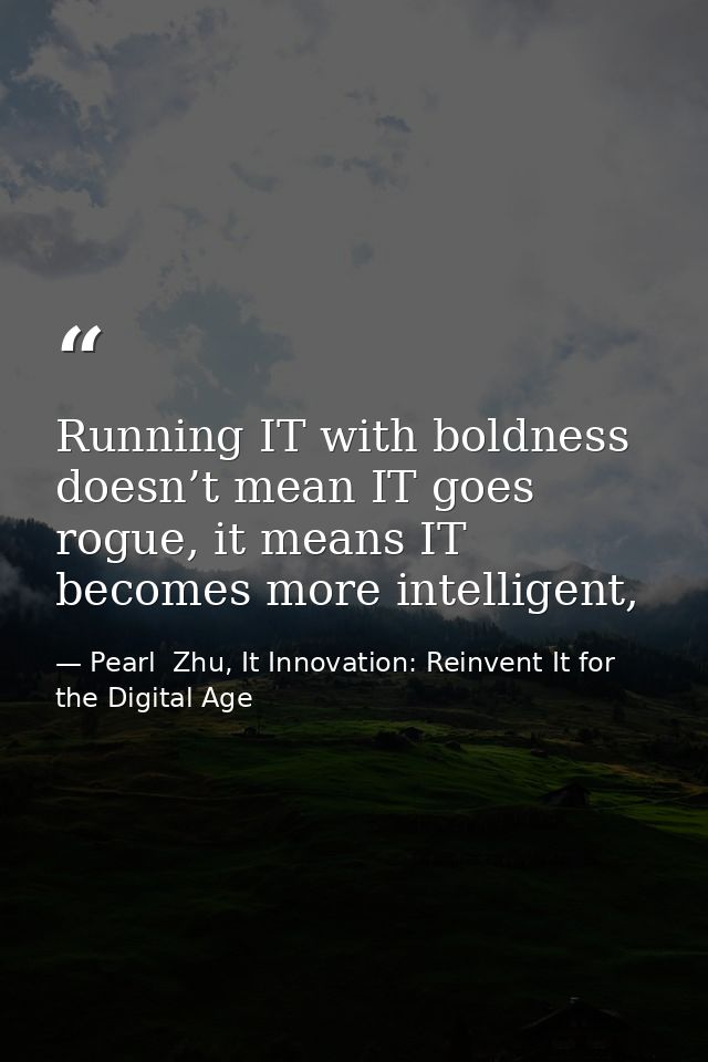 Running IT with boldness doesn’t mean IT goes rogue, it means IT becomes more intelligent, — Pearl  Zhu, It Innovation: Reinvent It for the Digital Age