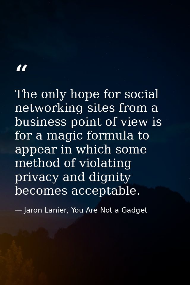The only hope for social networking sites from a business point of view is for a magic formula to appear in which some m — Jaron Lanier, You Are Not a Gadget