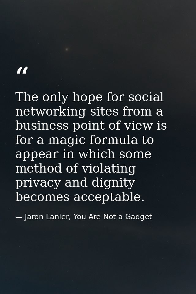 The only hope for social networking sites from a business point of view is for a magic formula to appear in which some m — Jaron Lanier, You Are Not a Gadget