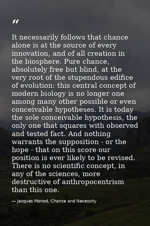 It necessarily follows that chance alone is at the source of every innovation, and of all creation in the biosphere. Pur — Jacques Monod, Chance and Necessity