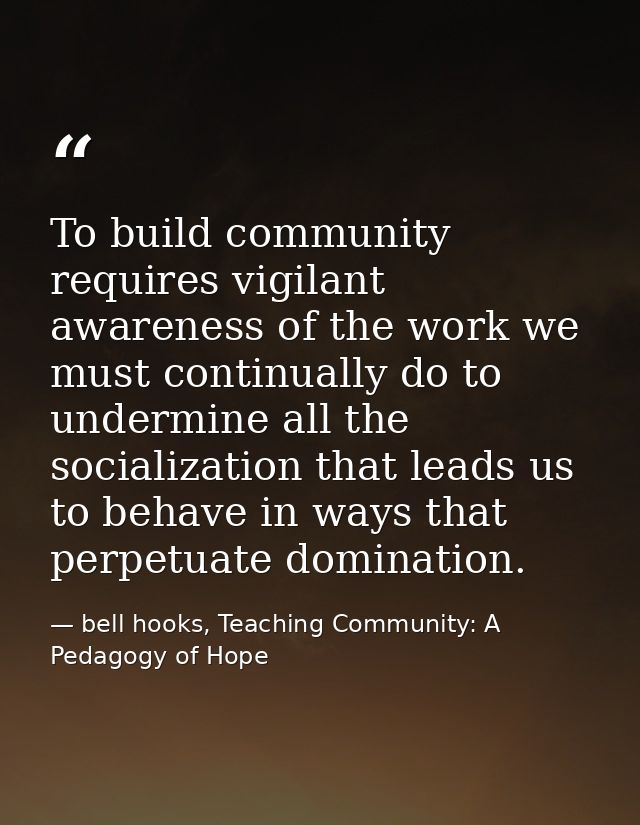 To build community requires vigilant awareness of the work we must continually do to undermine all the socialization tha — bell hooks, Teaching Community: A Pedagogy of Hope