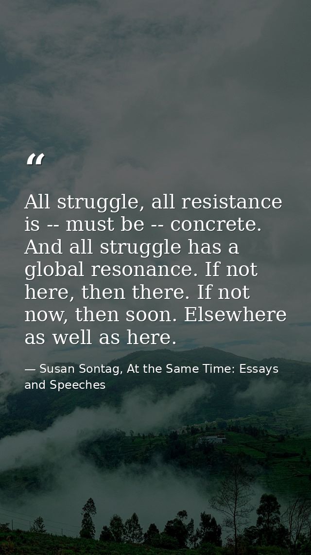 All struggle, all resistance is -- must be -- concrete. And all struggle has a global resonance. If not here, then there — Susan Sontag, At the Same Time: Essays and Speeches