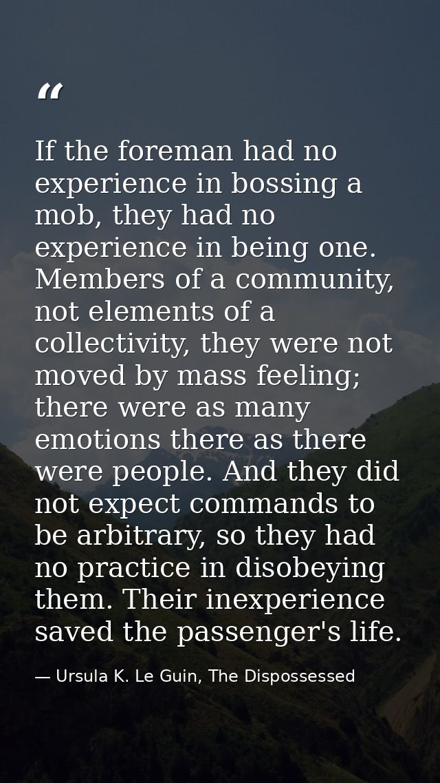 If the foreman had no experience in bossing a mob, they had no experience in being one. Members of a community, not elem — Ursula K. Le Guin, The Dispossessed