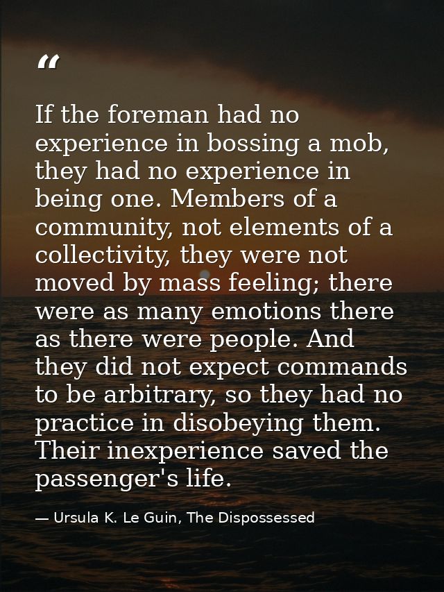 If the foreman had no experience in bossing a mob, they had no experience in being one. Members of a community, not elem — Ursula K. Le Guin, The Dispossessed