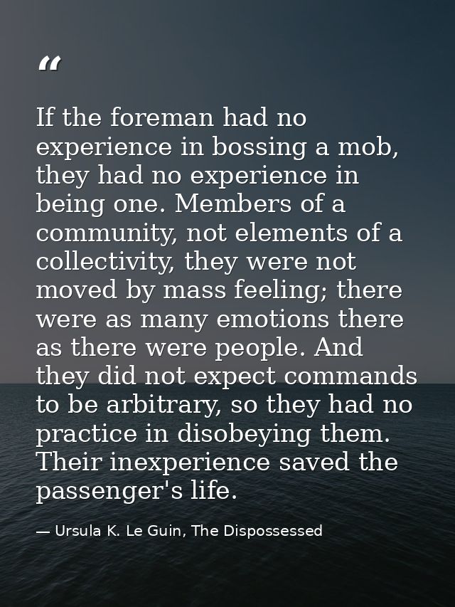 If the foreman had no experience in bossing a mob, they had no experience in being one. Members of a community, not elem — Ursula K. Le Guin, The Dispossessed