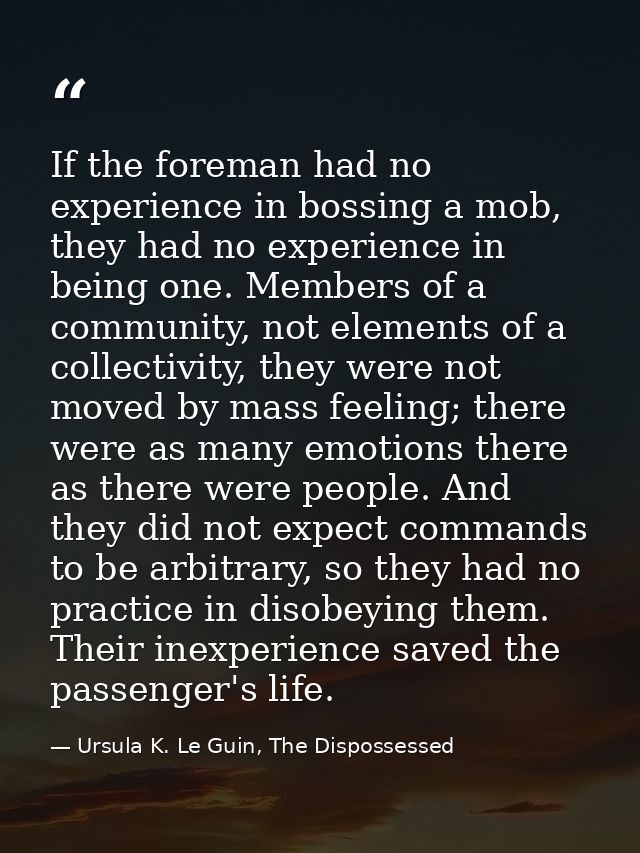 If the foreman had no experience in bossing a mob, they had no experience in being one. Members of a community, not elem — Ursula K. Le Guin, The Dispossessed