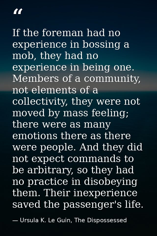 If the foreman had no experience in bossing a mob, they had no experience in being one. Members of a community, not elem — Ursula K. Le Guin, The Dispossessed
