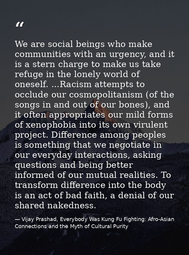 We are social beings who make communities with an urgency, and it is a stern charge to make us take refuge in the lonely — Vijay Prashad, Everybody Was Kung Fu Fighting: Afro-Asian Connections and the Myth of Cultural Purity