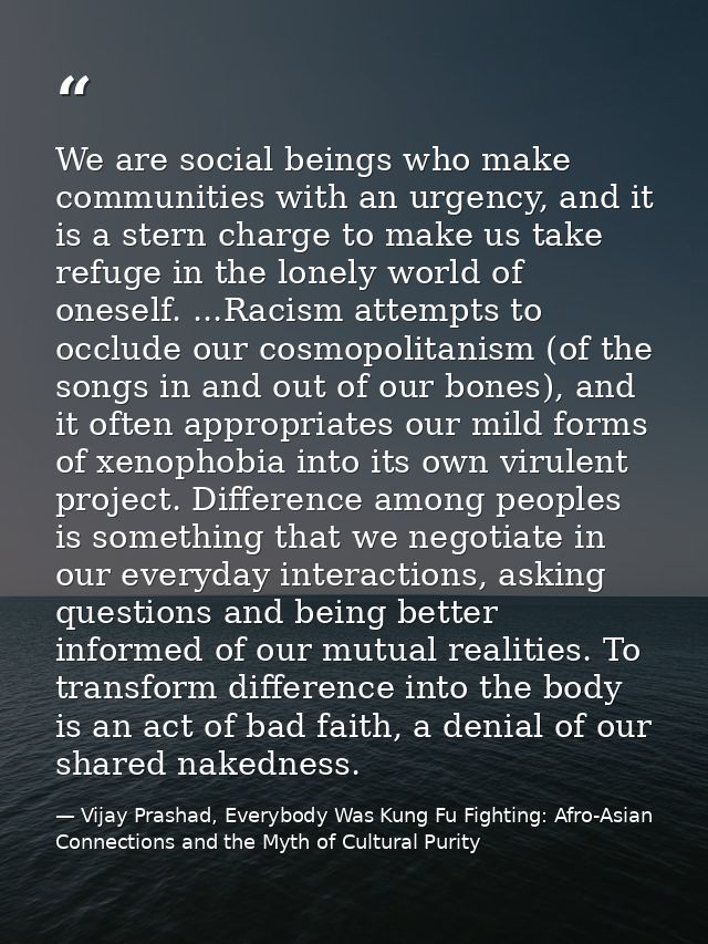 We are social beings who make communities with an urgency, and it is a stern charge to make us take refuge in the lonely — Vijay Prashad, Everybody Was Kung Fu Fighting: Afro-Asian Connections and the Myth of Cultural Purity