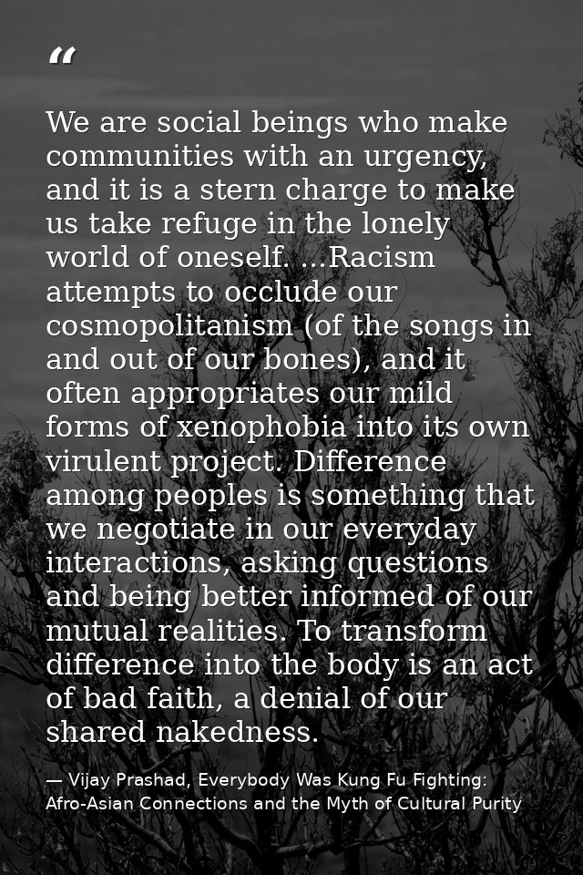 We are social beings who make communities with an urgency, and it is a stern charge to make us take refuge in the lonely — Vijay Prashad, Everybody Was Kung Fu Fighting: Afro-Asian Connections and the Myth of Cultural Purity