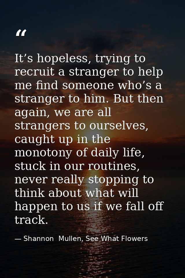 It’s hopeless, trying to recruit a stranger to help me find someone who’s a stranger to him. But then again, we are all  — Shannon  Mullen, See What Flowers