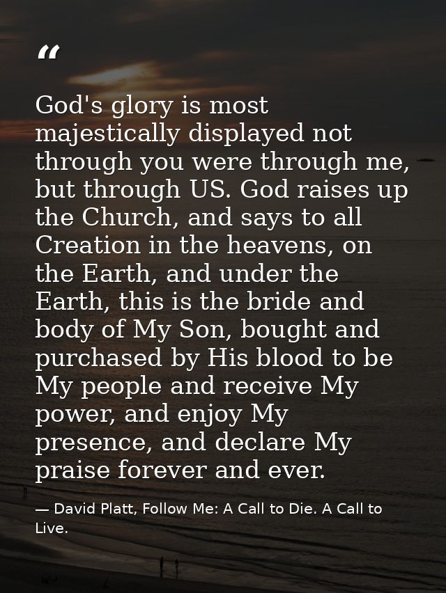 God's glory is most majestically displayed not through you were through me, but through US. God raises up the Church, an — David Platt, Follow Me: A Call to Die. A Call to Live.