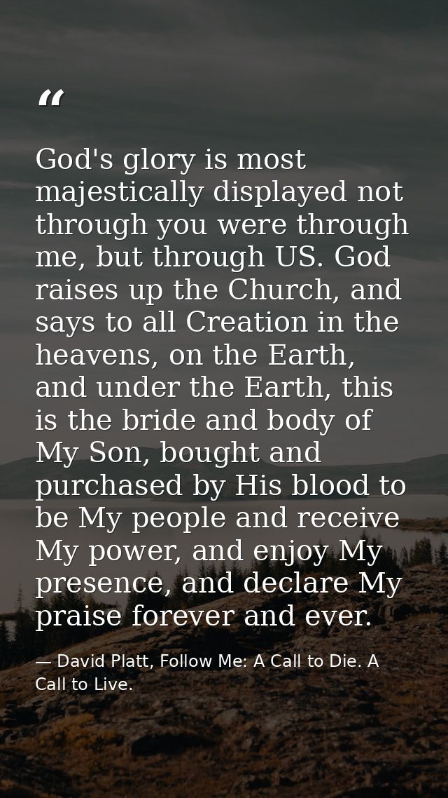 God's glory is most majestically displayed not through you were through me, but through US. God raises up the Church, an — David Platt, Follow Me: A Call to Die. A Call to Live.