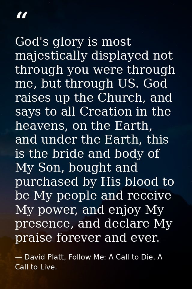 God's glory is most majestically displayed not through you were through me, but through US. God raises up the Church, an — David Platt, Follow Me: A Call to Die. A Call to Live.
