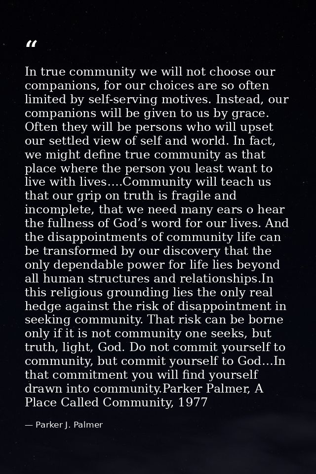 In true community we will not choose our companions, for our choices are so often limited by self-serving motives. Inste — Parker J. Palmer