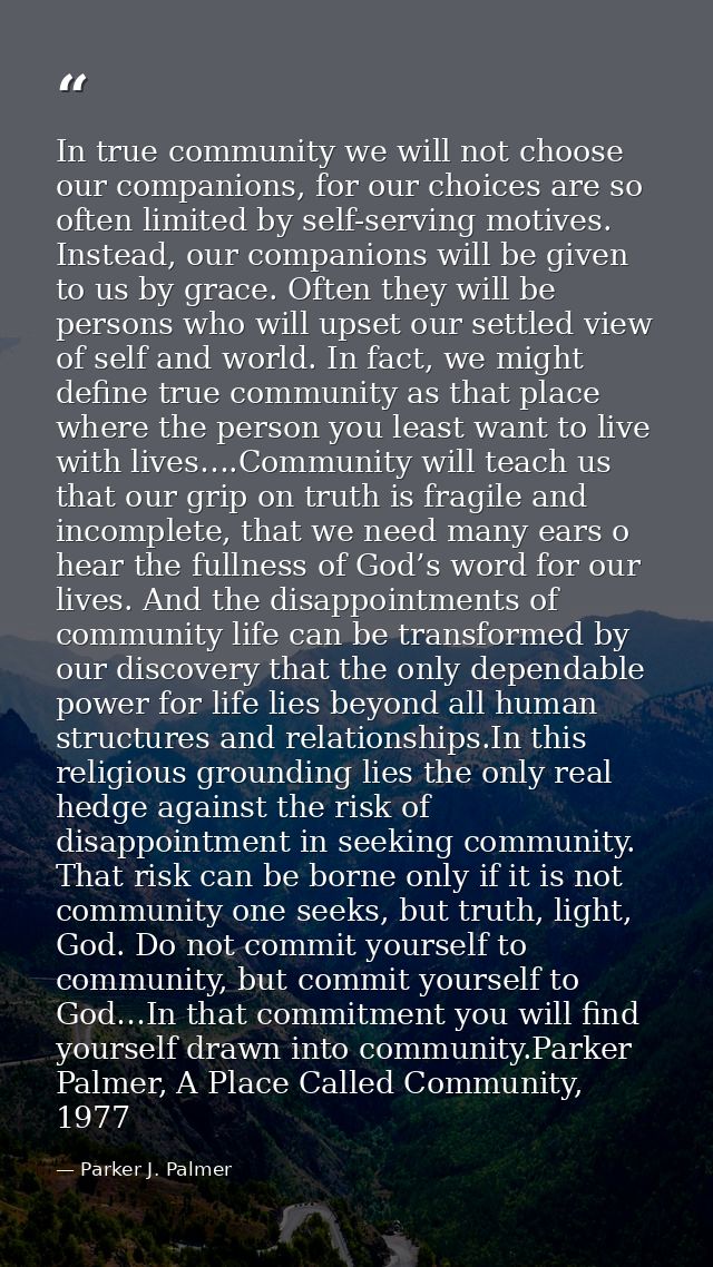 In true community we will not choose our companions, for our choices are so often limited by self-serving motives. Inste — Parker J. Palmer
