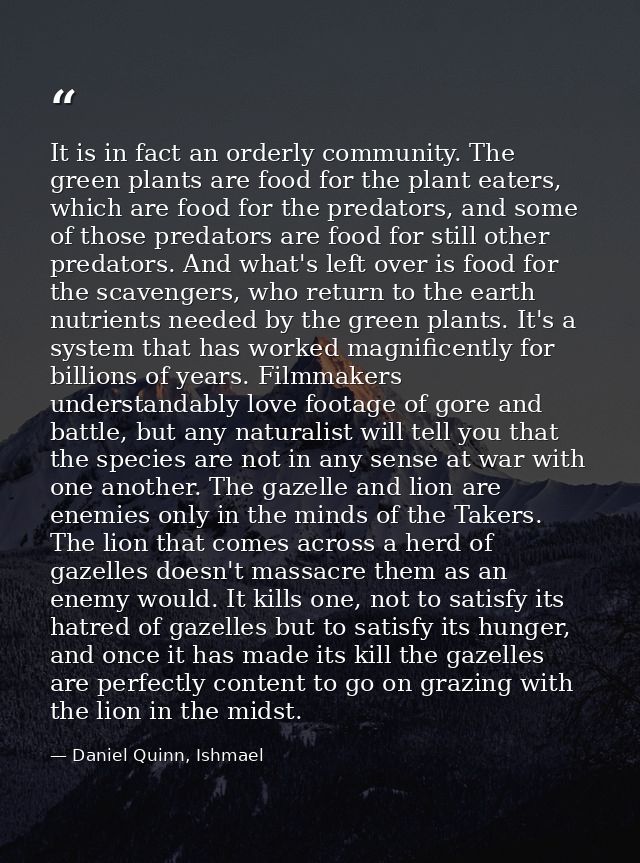 It is in fact an orderly community. The green plants are food for the plant eaters, which are food for the predators, an — Daniel Quinn, Ishmael