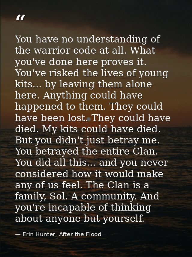 You have no understanding of the warrior code at all. What you've done here proves it. You've risked the lives of young  — Erin Hunter, After the Flood