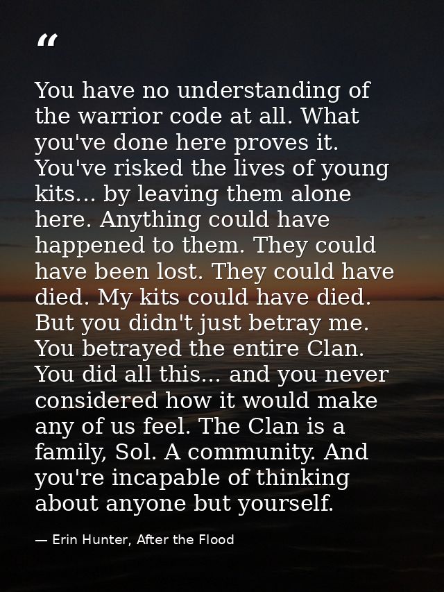 You have no understanding of the warrior code at all. What you've done here proves it. You've risked the lives of young  — Erin Hunter, After the Flood