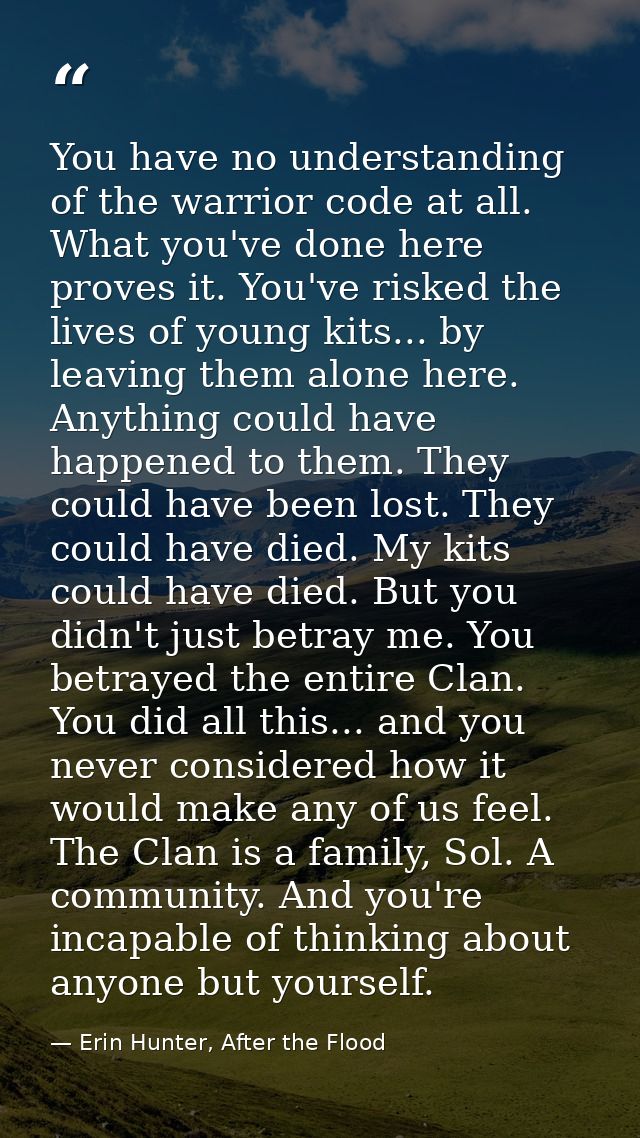 You have no understanding of the warrior code at all. What you've done here proves it. You've risked the lives of young  — Erin Hunter, After the Flood