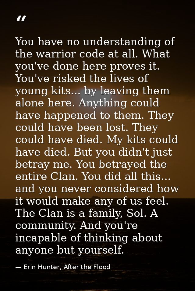 You have no understanding of the warrior code at all. What you've done here proves it. You've risked the lives of young  — Erin Hunter, After the Flood