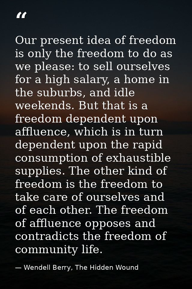 Our present idea of freedom is only the freedom to do as we please: to sell ourselves for a high salary, a home in the s — Wendell Berry, The Hidden Wound