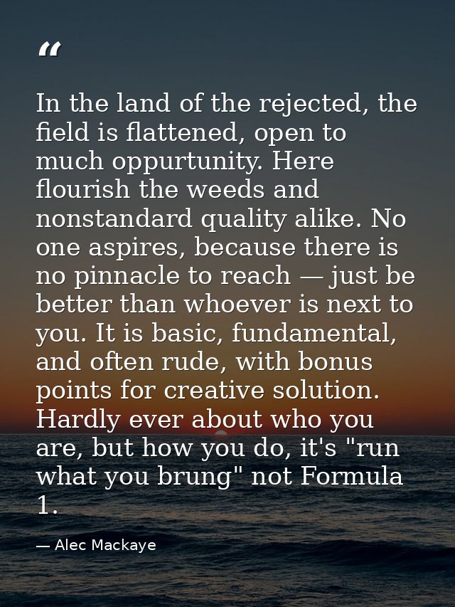 In the land of the rejected, the field is flattened, open to much oppurtunity. Here flourish the weeds and nonstandard q — Alec Mackaye
