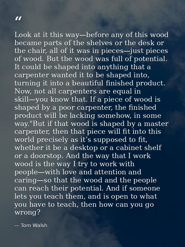 Look at it this way—before any of this wood became parts of the shelves or the desk or the chair, all of it was in piece — Tom Walsh