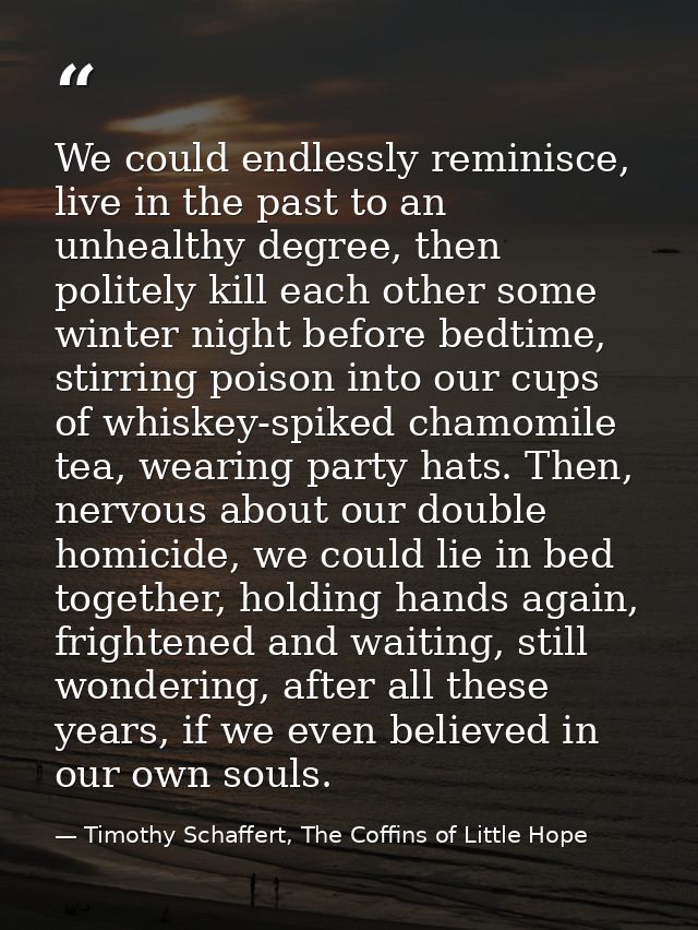 We could endlessly reminisce, live in the past to an unhealthy degree, then politely kill each other some winter night b — Timothy Schaffert, The Coffins of Little Hope