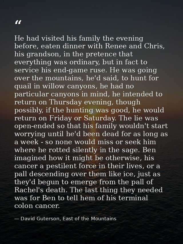 He had visited his family the evening before, eaten dinner with Renee and Chris, his grandson, in the pretence that ever — David Guterson, East of the Mountains